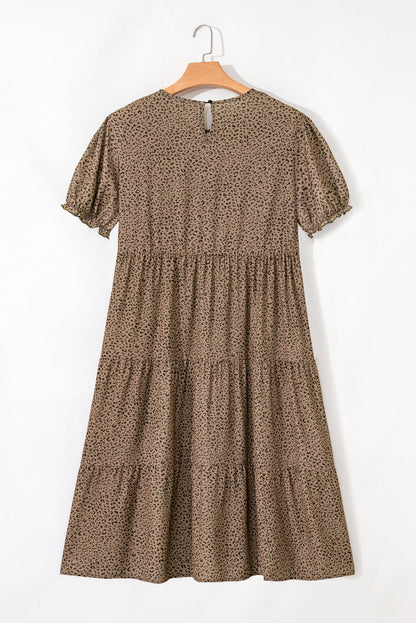 Beige Plus Size Leopard Print Frill Trim Short Sleeve Flared Dress
