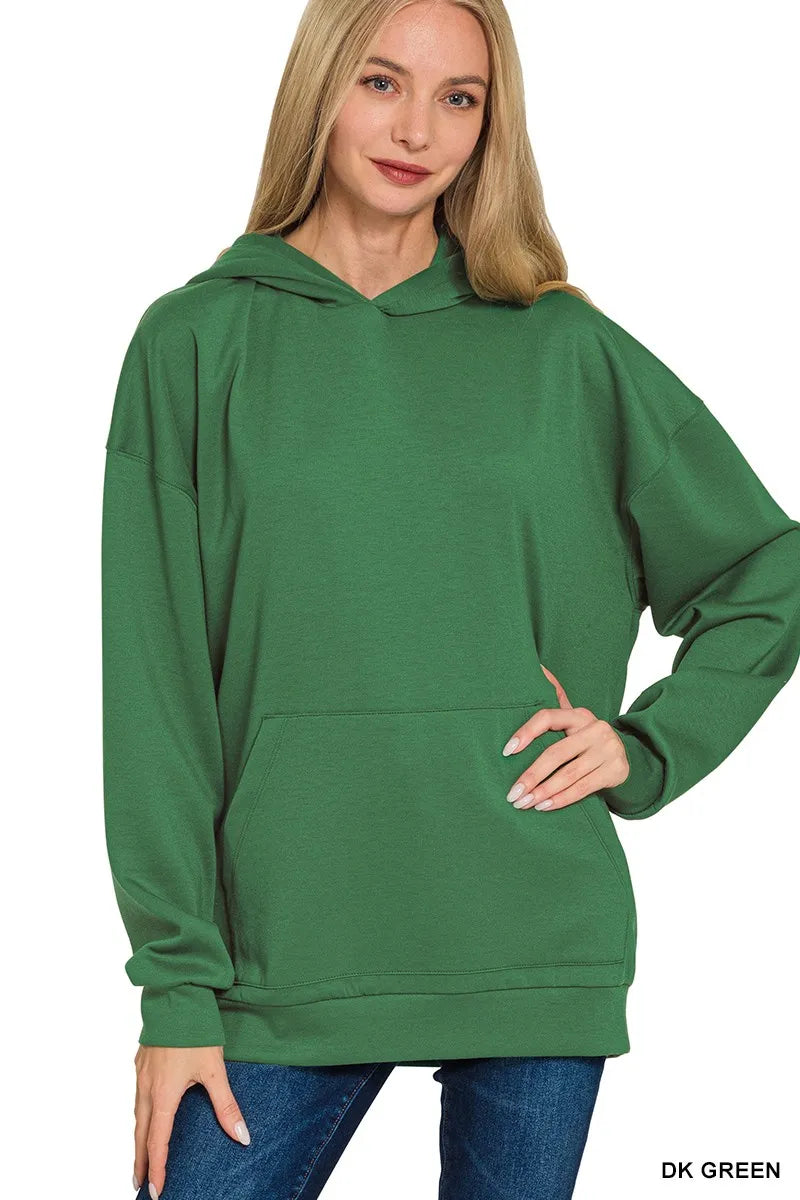 Zenana Oversized Scuba Hoodie with Kangaroo Pocket in Dark Green