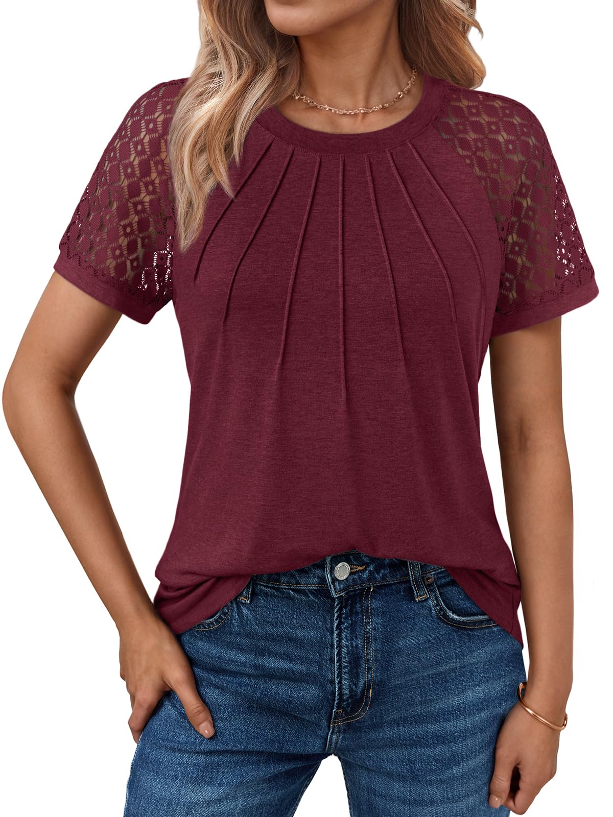 Women's Summer Lace Top Short Sleeve Business Casual Blouse