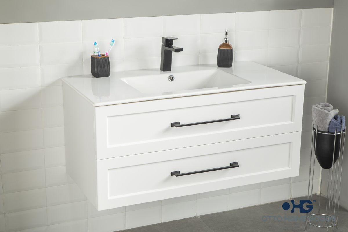 Nova 36" White Floating Bathroom Vanity with Porcelain Top & Black Hardware