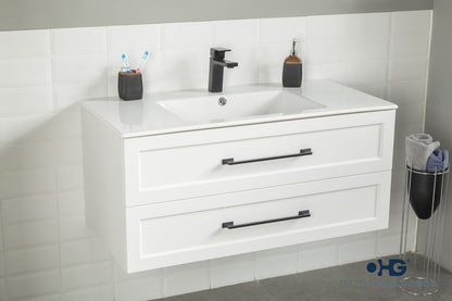 Nova 36" White Floating Bathroom Vanity with Porcelain Top & Black Hardware