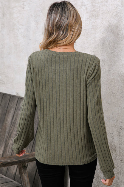 Moss Green Leopard Print Top - Patchwork Crochet Rib Textured Women's Top