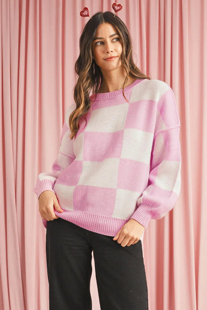 Dark Brown Plaid Bishop Sleeve Pullover Sweater