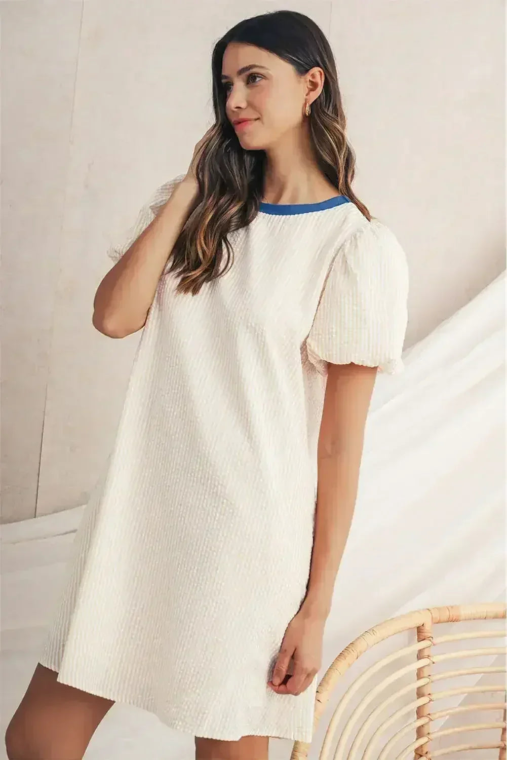 Beige Striped Print Puff Sleeve Textured Mini Dress