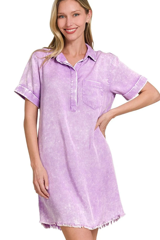 Zenana Tencel Mineral Washed Collared Shirts Dress in Lavender