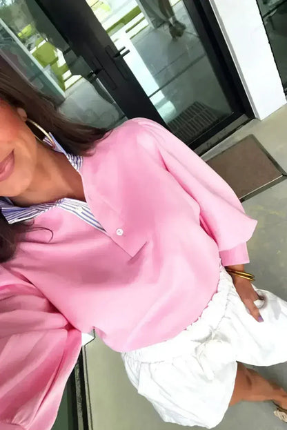 Bonbon Striped Collar Puff Sleeve Sweatshirt