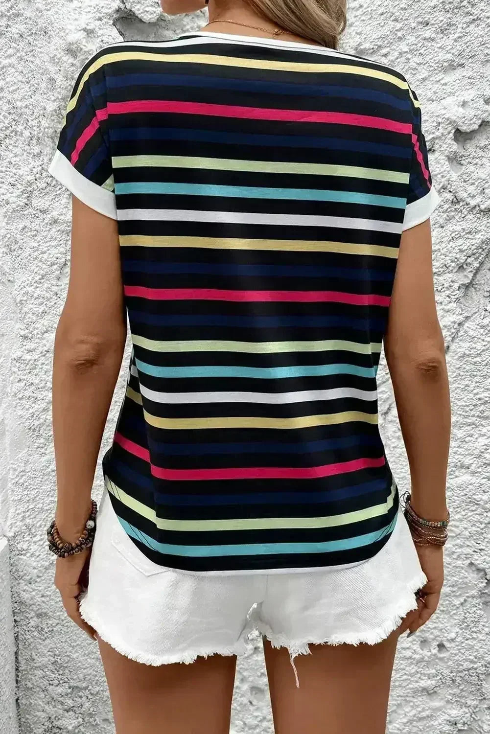 Black Colorful Striped Contrast Edge Crew Neck T Shirt