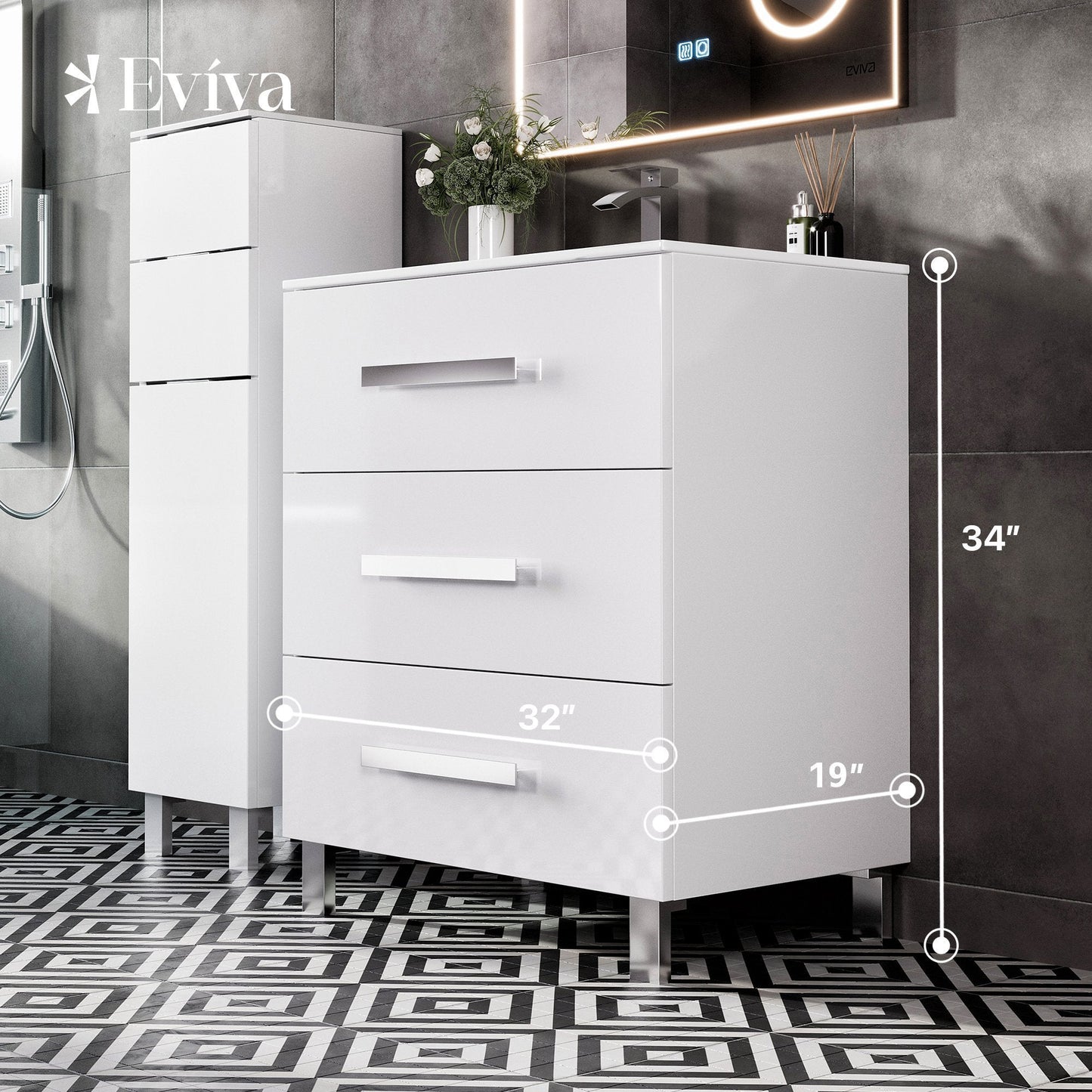 Eviva Libra Bath Vanity with Porcelain Top and Integrated Sink