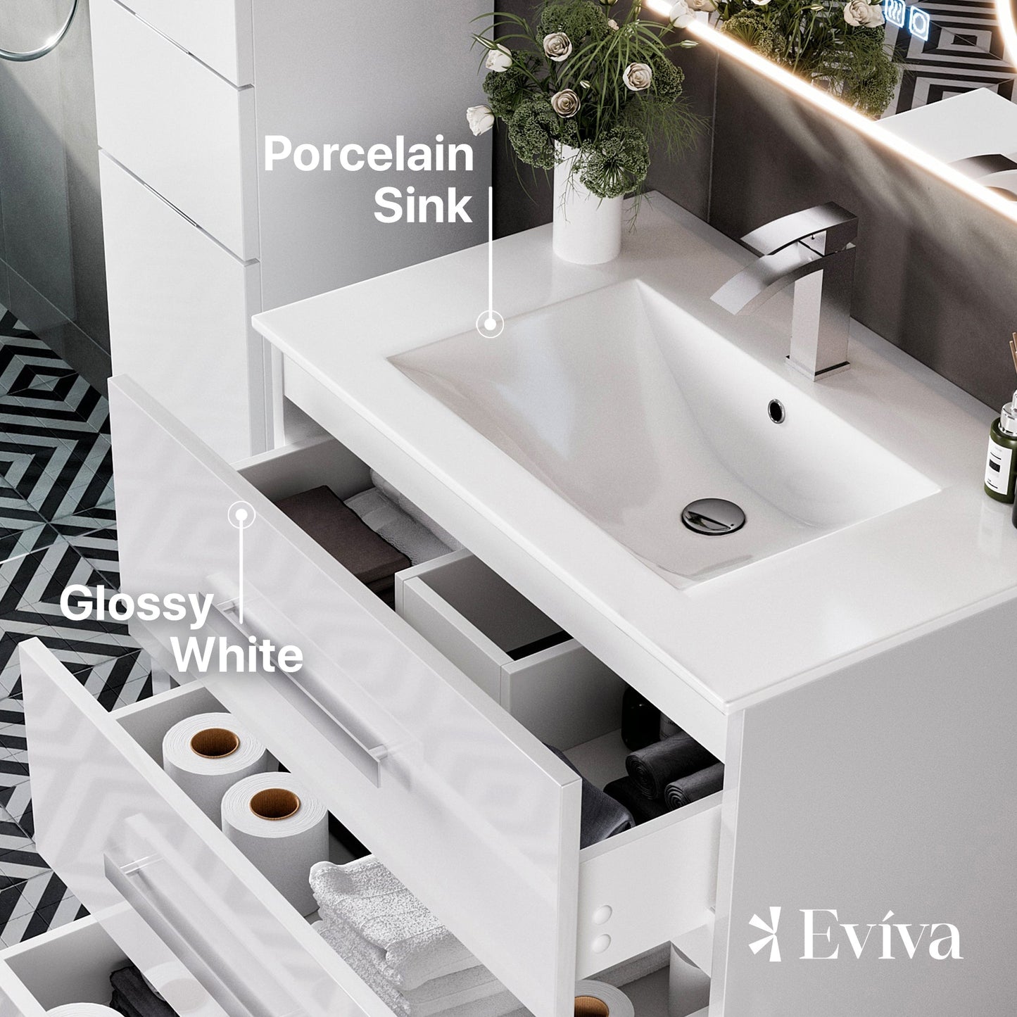 Eviva Libra Bath Vanity with Porcelain Top and Integrated Sink