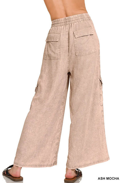 Zenana Washed Linen Elastic Band Waist Cargo Pants in Mocha
