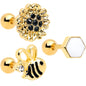 16G 1/4 Black CZ Gem Gold Tone Beehive Cartilage Earring Set of 3