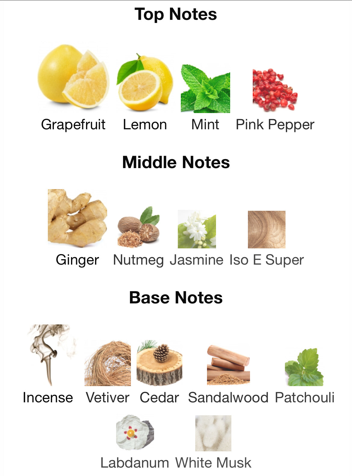 Chart of top, middle, and base notes with corresponding images and names.