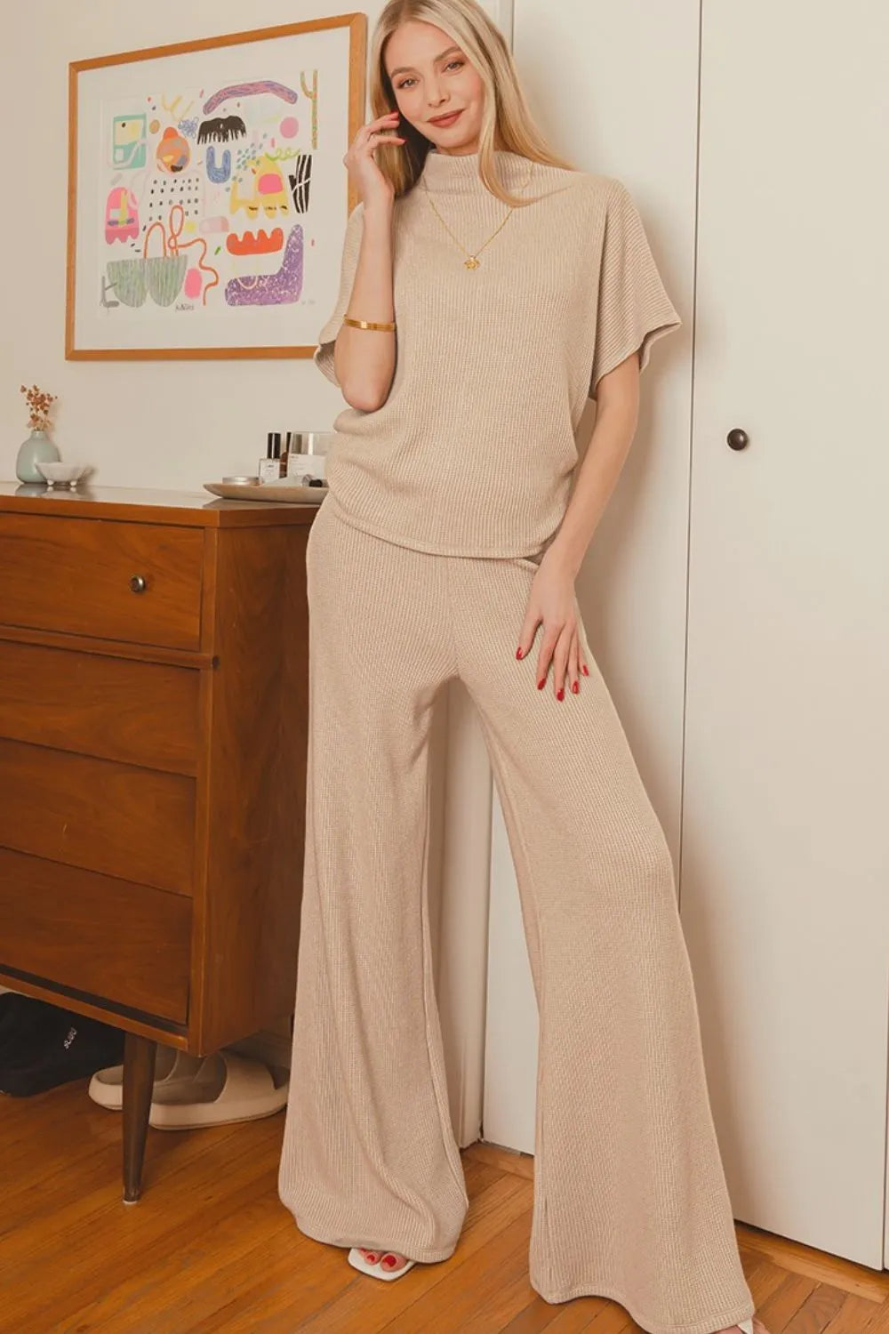 Zenana Sweater Mock Neck Top & Long Pants Set in Mocha