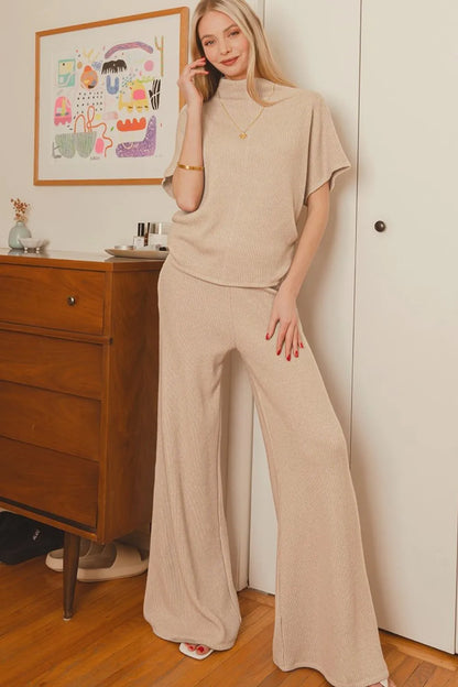 Zenana Sweater Mock Neck Top & Long Pants Set in Mocha