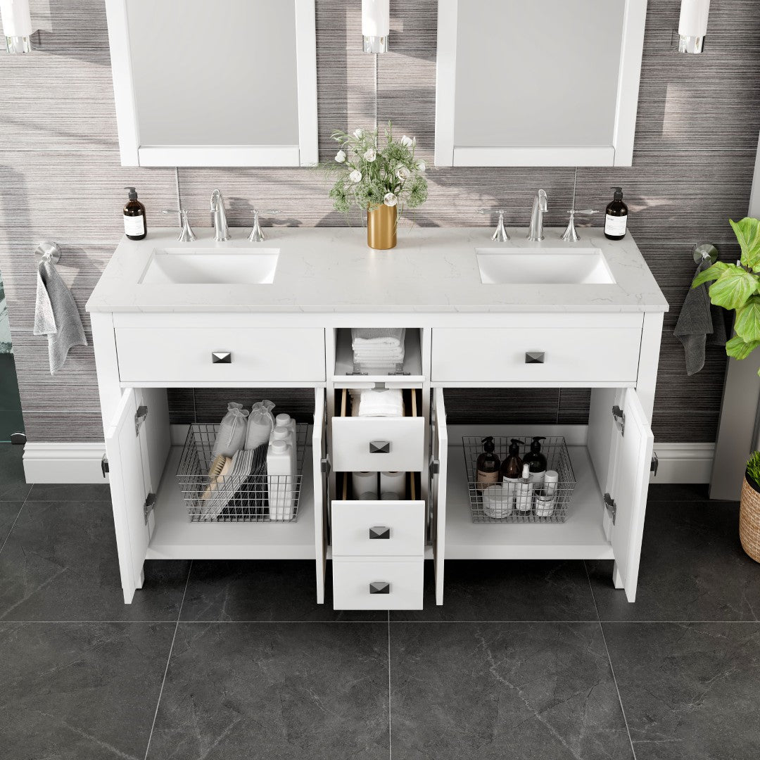 Eviva Memphis Bath Vanity with Carrara Quartz Top and Undermount Porcelain Sinks