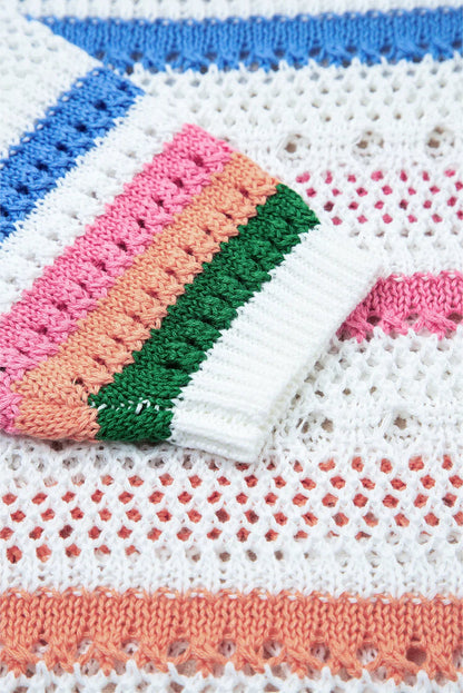 White Colorblock Striped Pointelle Knit Sweater