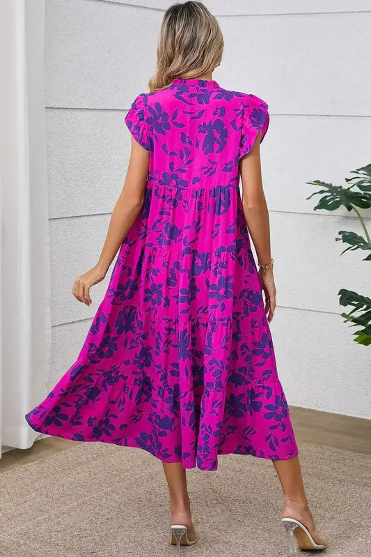 Rose Floral Print Tiered Flutter Sleeve Maxi Dress