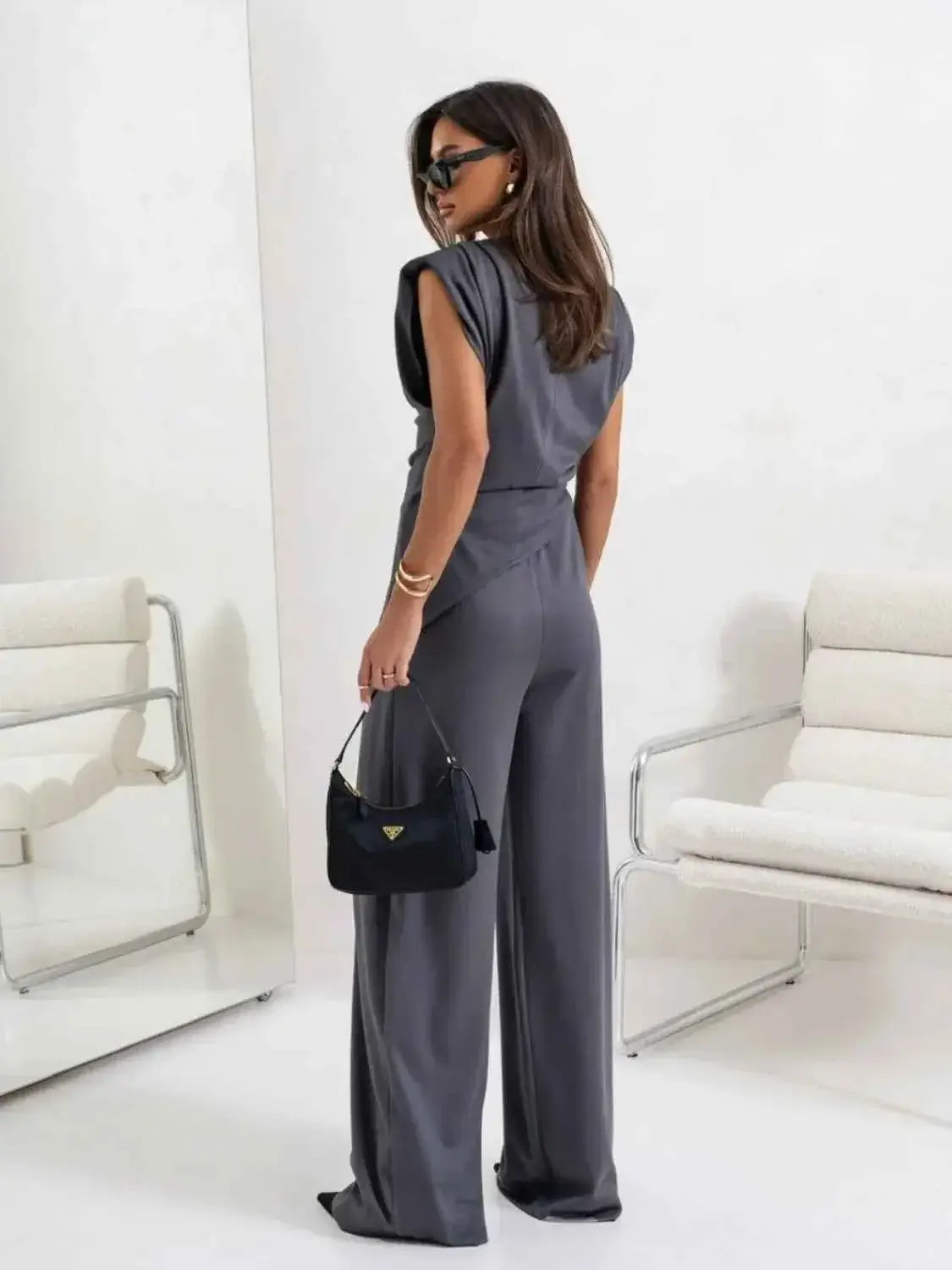 Slit Ruched Top and Wide Leg Pants Set