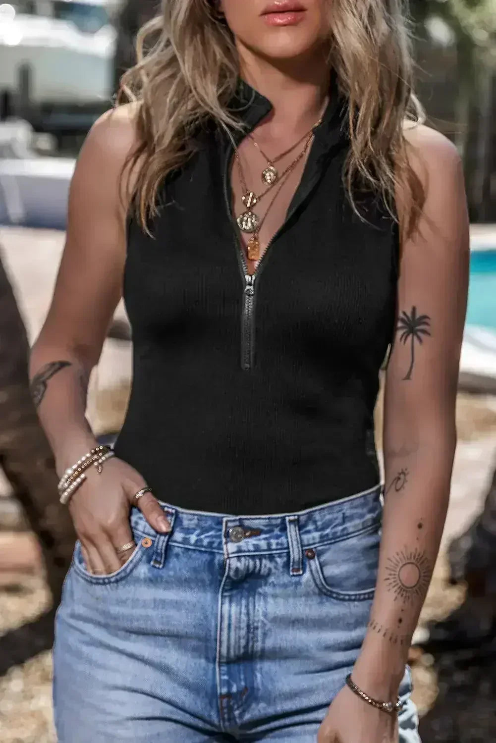 Ribbed Sleeveless Bodysuit with Mock Neck & Zip - Femstylo