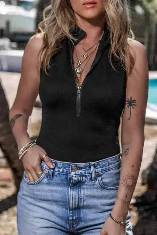 Ribbed Sleeveless Bodysuit with Mock Neck & Zip - Femstylo
