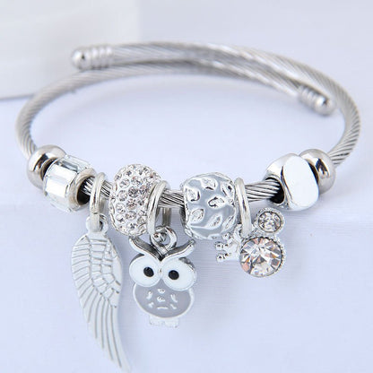 Beaded Owl Bracelet with Angel Wings - Stainless Steel Charm Bracelet