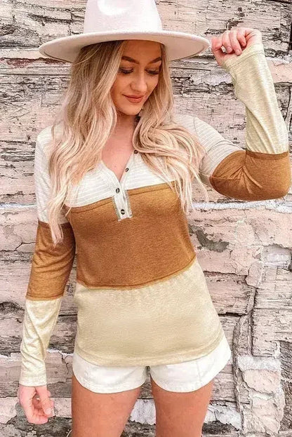 Orange Color Block Henley Top - Striped V-Neck Knit | Femstylo
