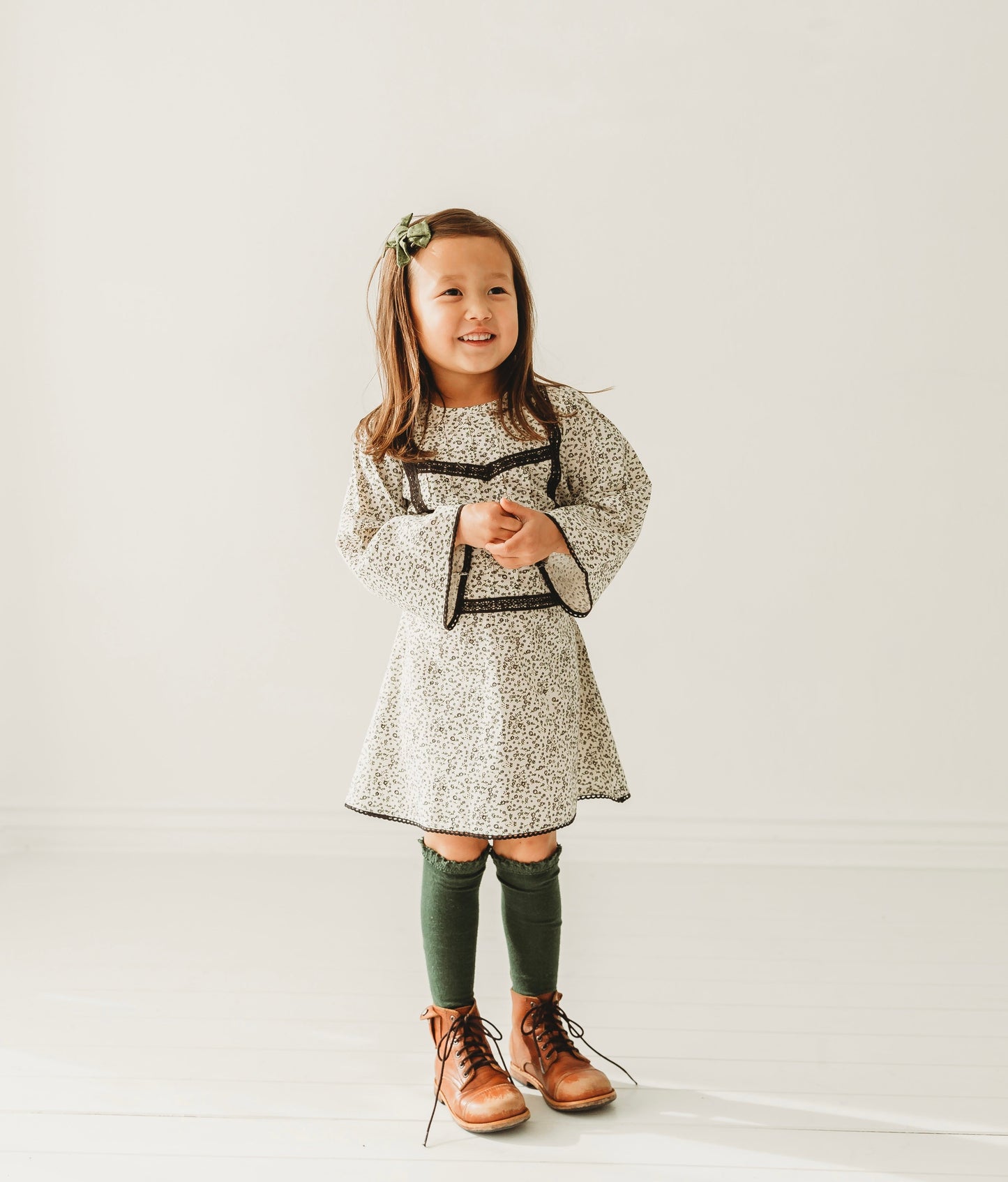 Lace Yoke Off-White & Grey Printed Dress