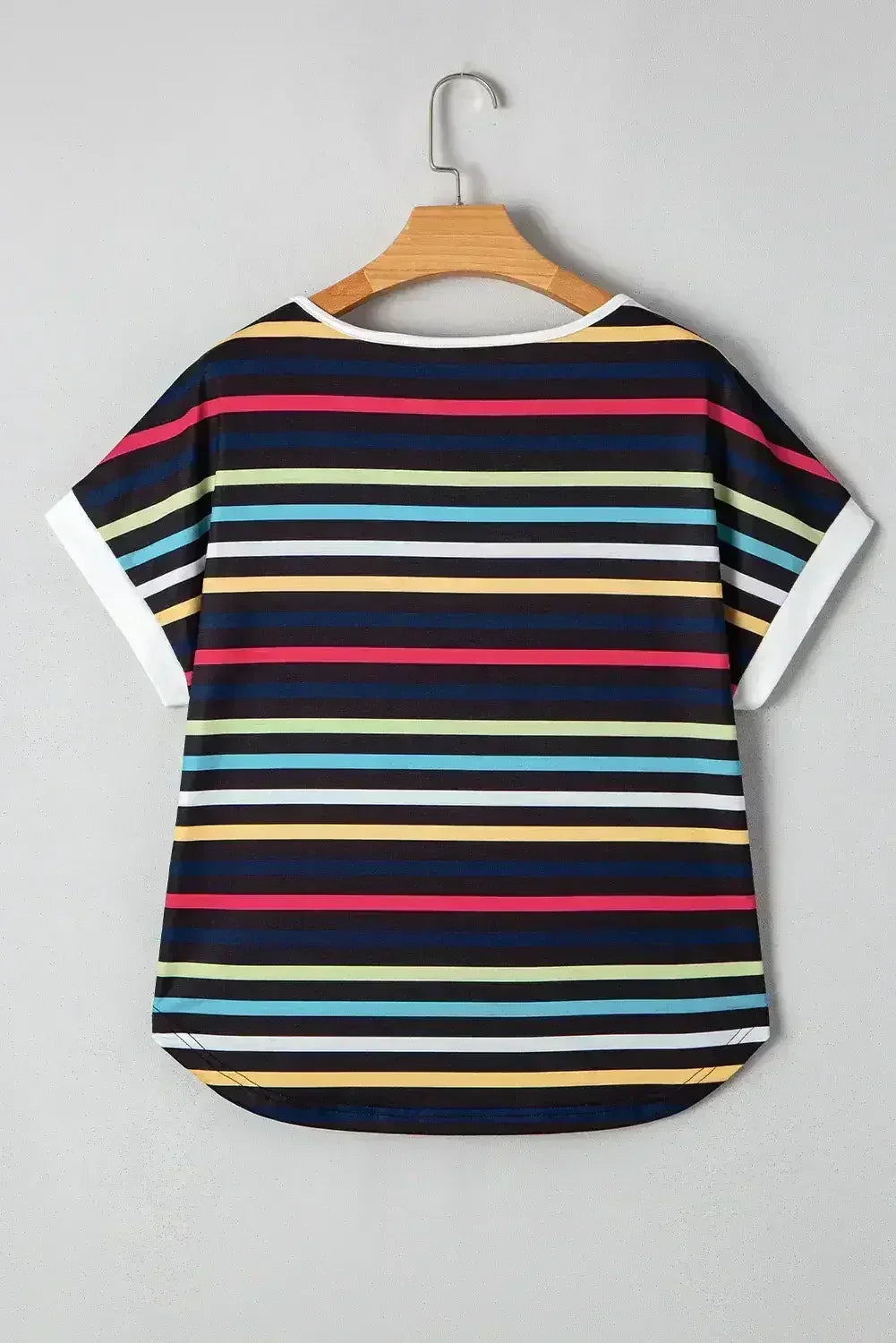 Black Colorful Striped Contrast Edge Crew Neck T Shirt