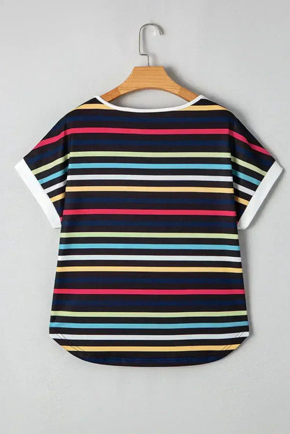 Black Colorful Striped Contrast Edge Crew Neck T Shirt