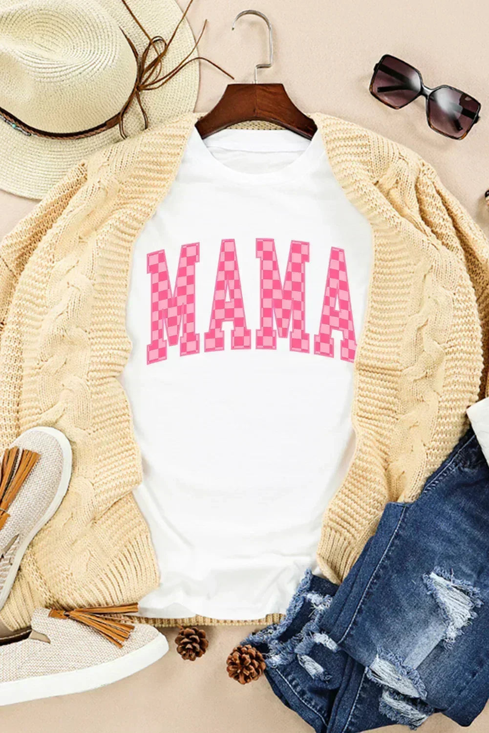 White Checkered MAMA Letter Graphic T Shirt