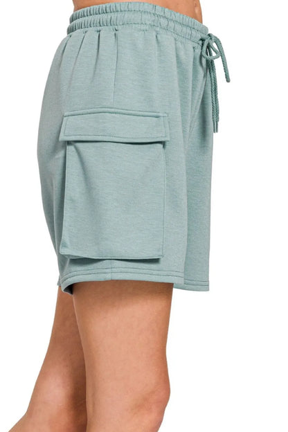 Zenana Scuba Thigh Pocket Shorts in Blue Grey