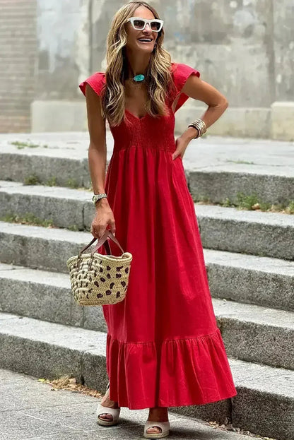 Black V Neck Flutter Sleeve Smocked Bodice High Waist Ruffle Maxi Dress