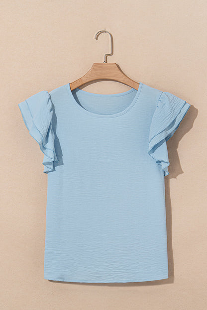Aqua Ruffle Sleeve Blouse - Clearly Aqua Solid Color Crinkled Top