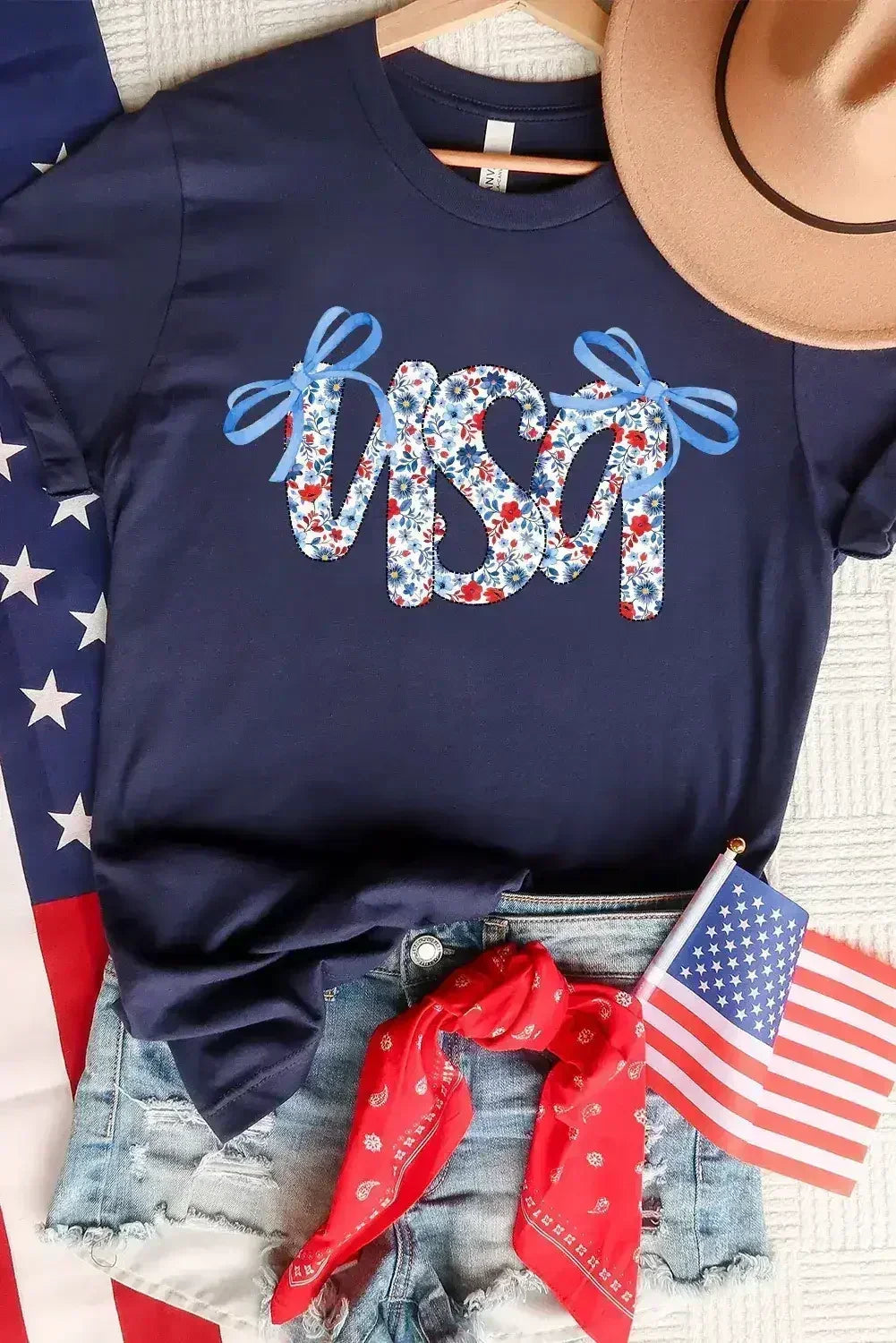 Blue Bow Floral usa Letter Print Independence Day Graphic T Shirt