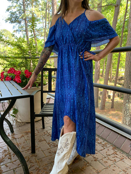 Broken Bow Cold Shoulder Maxi Dress in Blue Aztec