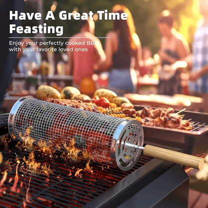 Stainless Steel BBQ Grill Basket with Wood Handle – Non-Stick Rolling Grilling Cage for Vegetables & Meat – Outdoor Camping & BBQ Accessories