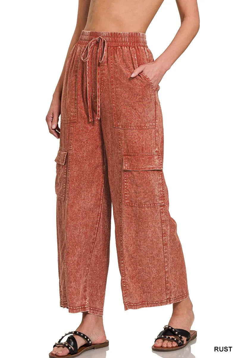 Zenana Washed Linen Elastic Band Waist Cargo Pants in Rust