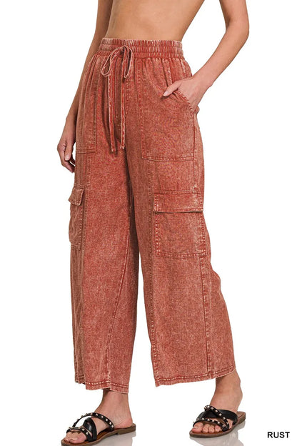 Zenana Washed Linen Elastic Band Waist Cargo Pants in Rust
