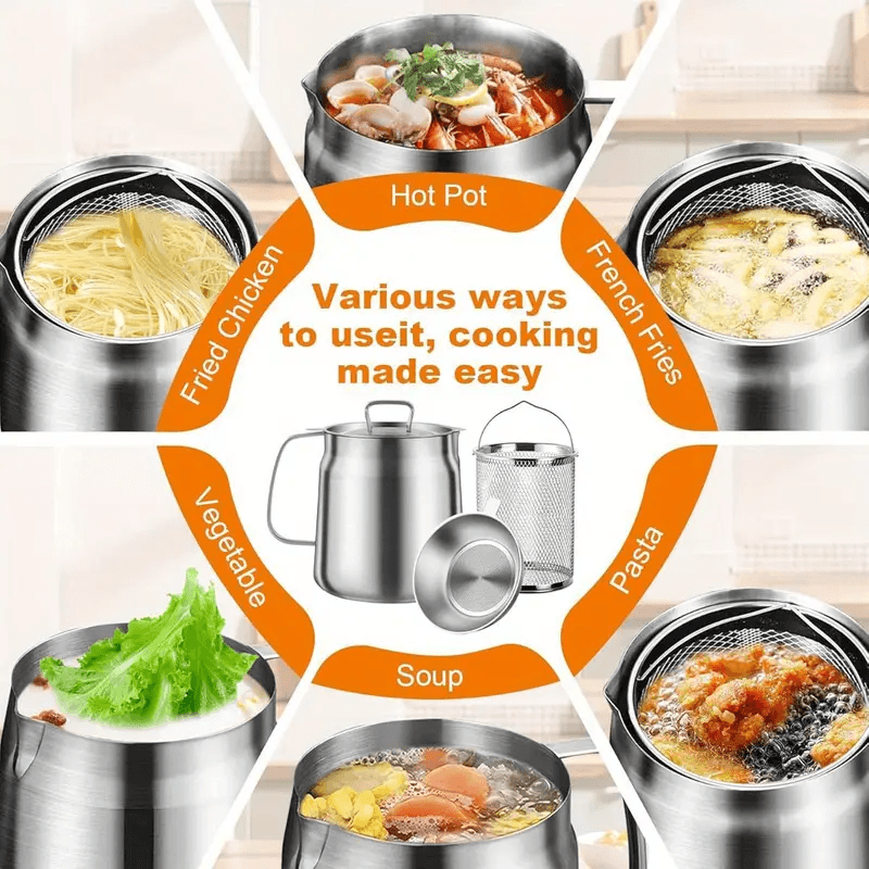 Stainless Steel Oil Filter Pot with Fine Mesh Strainer & Fry Basket – Grease Container for Kitchen Cooking Oil Storage