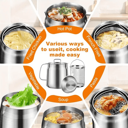 Stainless Steel Oil Filter Pot with Fine Mesh Strainer & Fry Basket – Grease Container for Kitchen Cooking Oil Storage