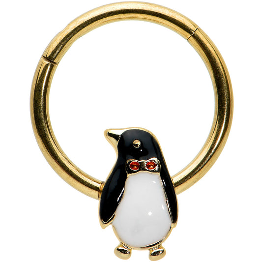 16G 3/8 Red Gem Gold Tone Bow Tie Penguin Hinged Segment Ring