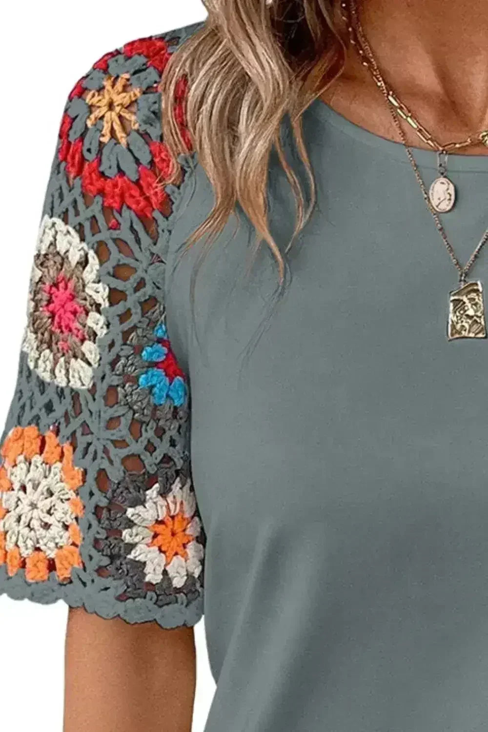 Geometric Round Neck Short Sleeve Blouse | Femstylo