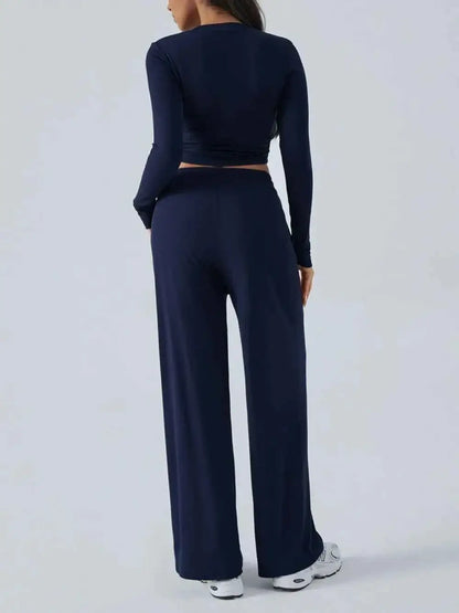 Round Neck Long Sleeve Crop Top and Pants Set