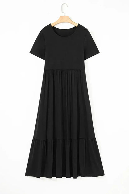 Black Solid Color Short Sleeve High Waist Pocketed Midi Dress