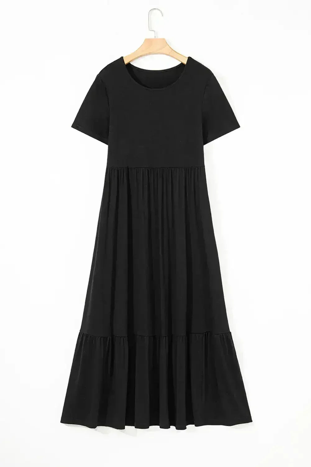 Black Solid Color Short Sleeve High Waist Pocketed Midi Dress