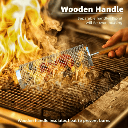Stainless Steel BBQ Grill Basket with Wood Handle – Non-Stick Rolling Grilling Cage for Vegetables & Meat – Outdoor Camping & BBQ Accessories