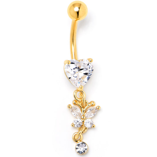 Clear CZ Gem Gold Tone Heart For Butterfly Dangle Belly Ring