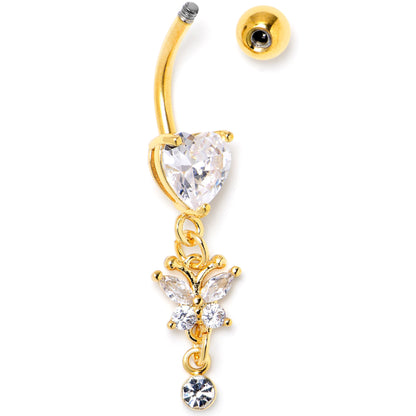 Clear CZ Gem Gold Tone Heart For Butterfly Dangle Belly Ring