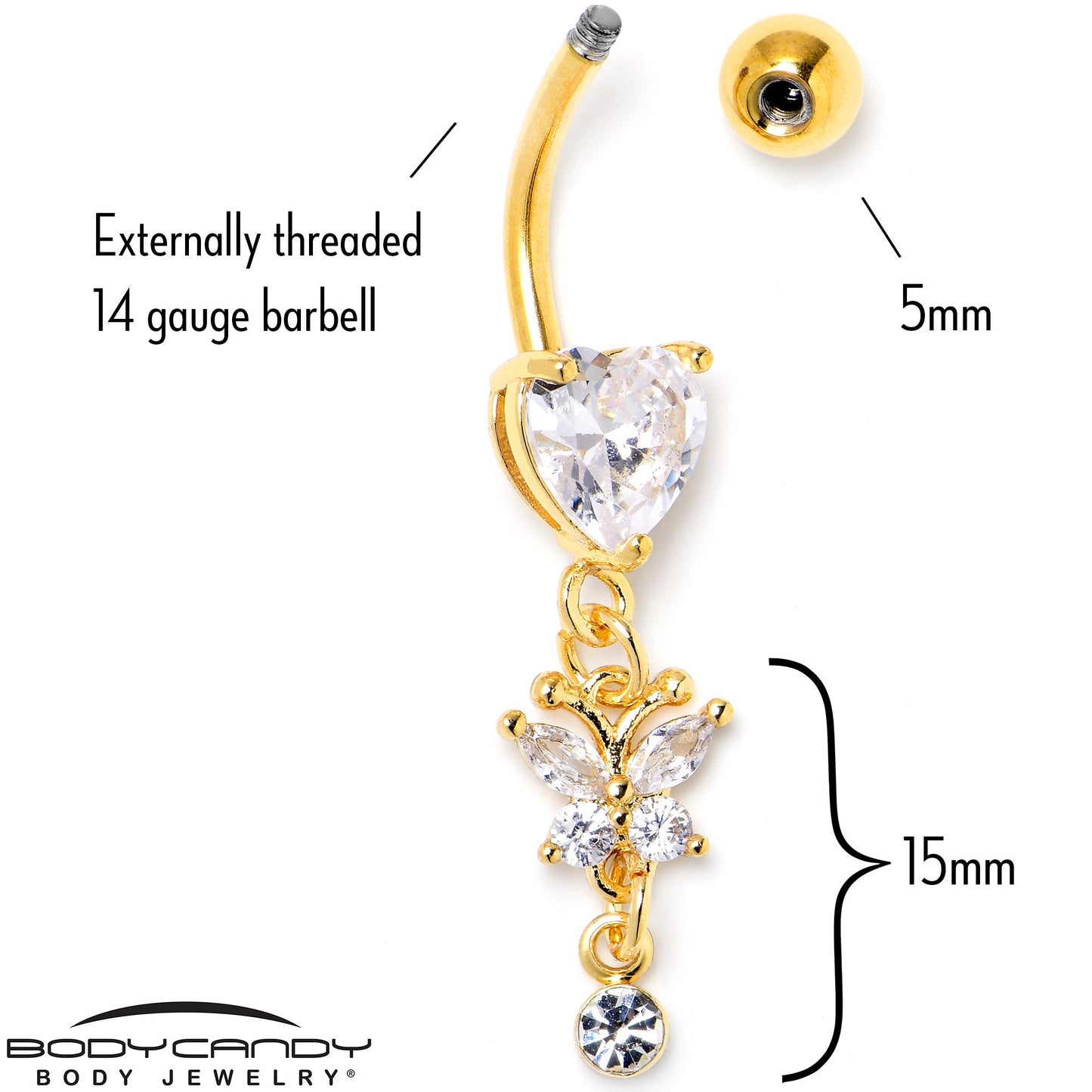 Clear CZ Gem Gold Tone Heart For Butterfly Dangle Belly Ring