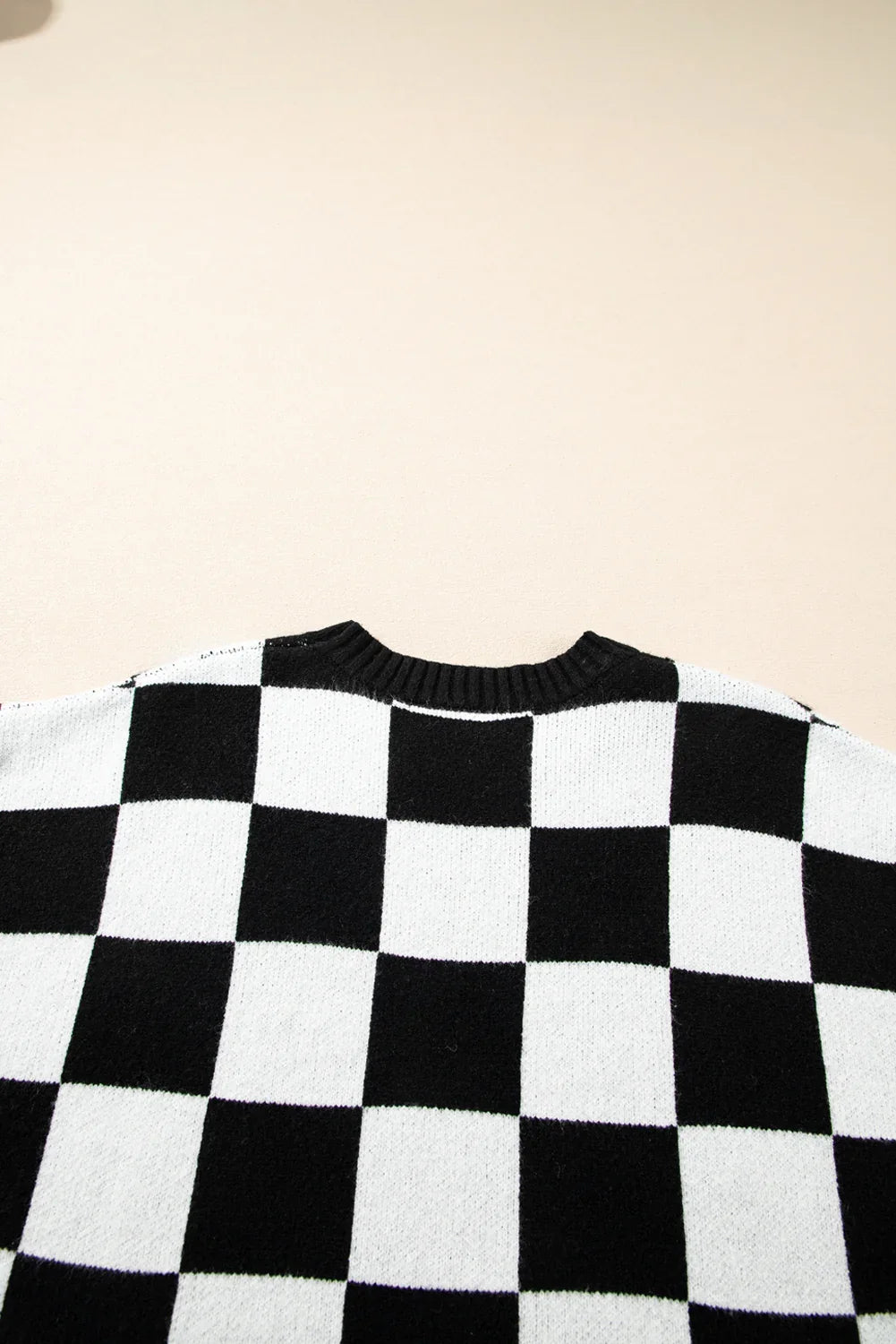 Light French Beige Checkered Knit Dolman Short Sleeve Sweater